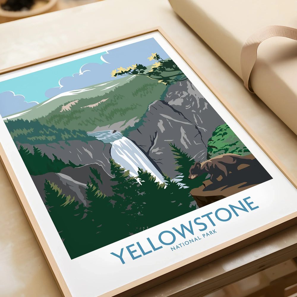 Framed Yellowstone National Park art print with waterfall, forest, and bear illustration