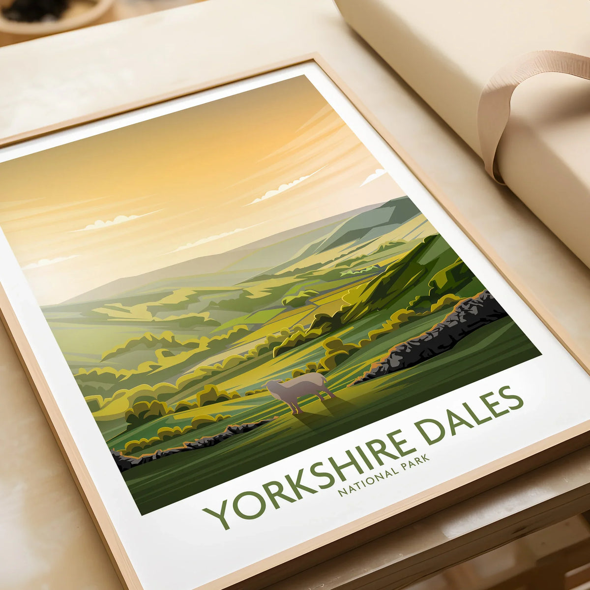 Framed Yorkshire Dales National Park art print with scenic rolling hills and sheep illustration