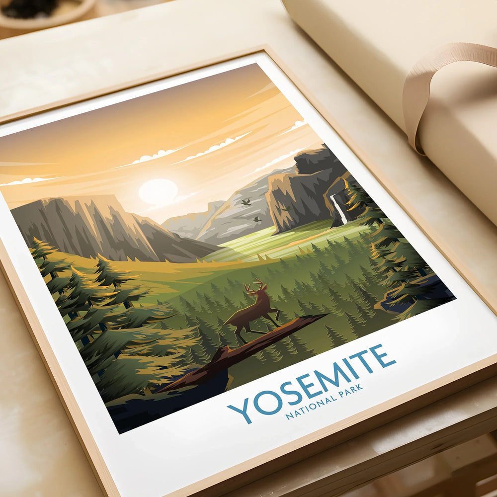 Framed Yosemite National Park art print with sunset, forest, mountains, and deer illustration