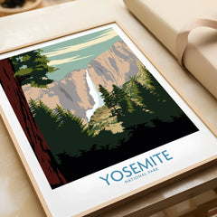 Framed Yosemite National Park art print with waterfall and pine trees in vintage style
