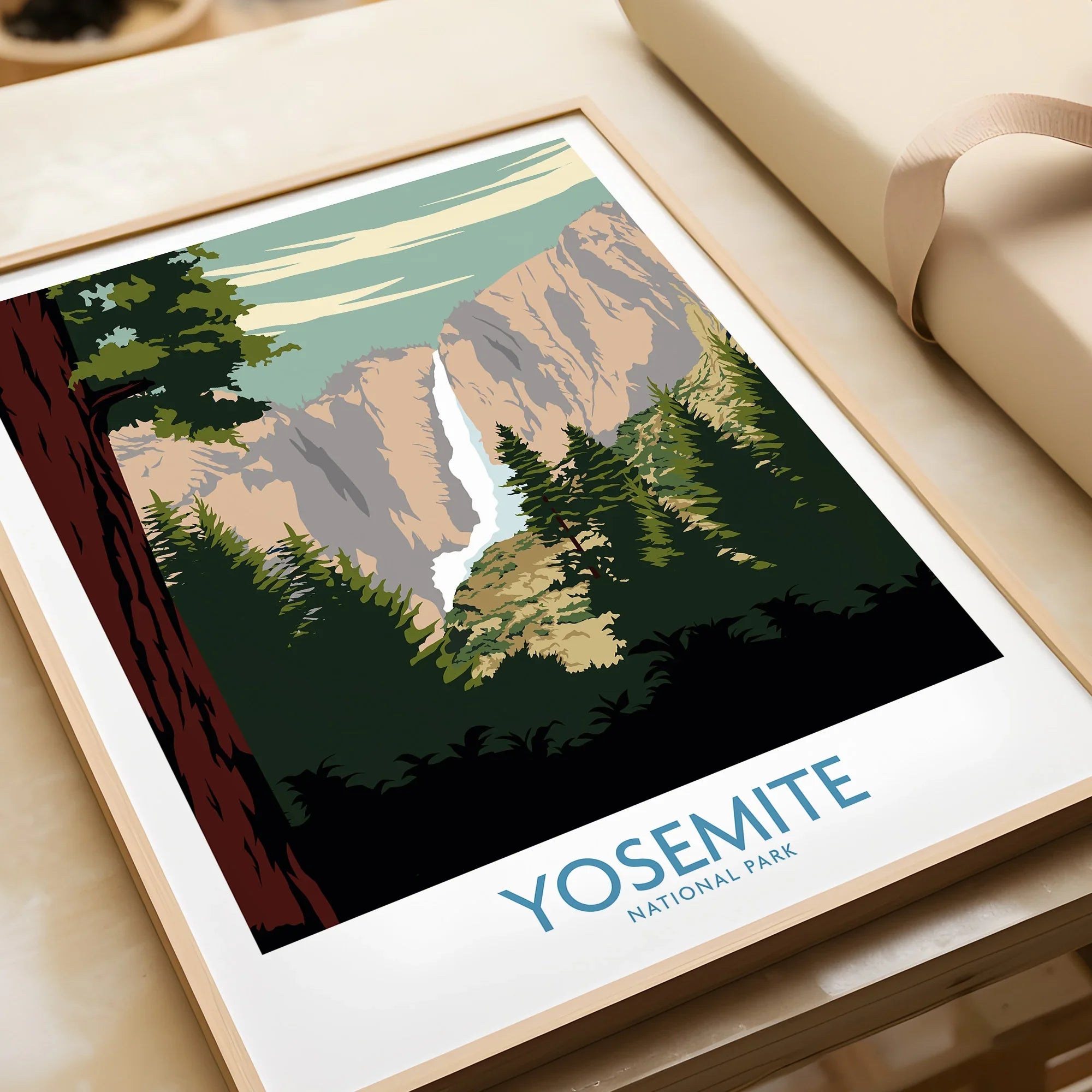Framed Yosemite National Park art print with waterfall and pine trees in vintage style