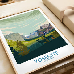 Framed Yosemite National Park art print with mountains, forest, and deer close-up.