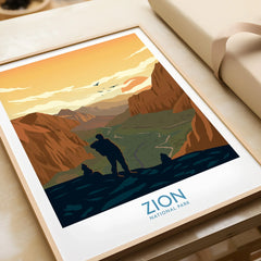 Framed Zion National Park art print with hiker, canyon landscape, and sunset sky