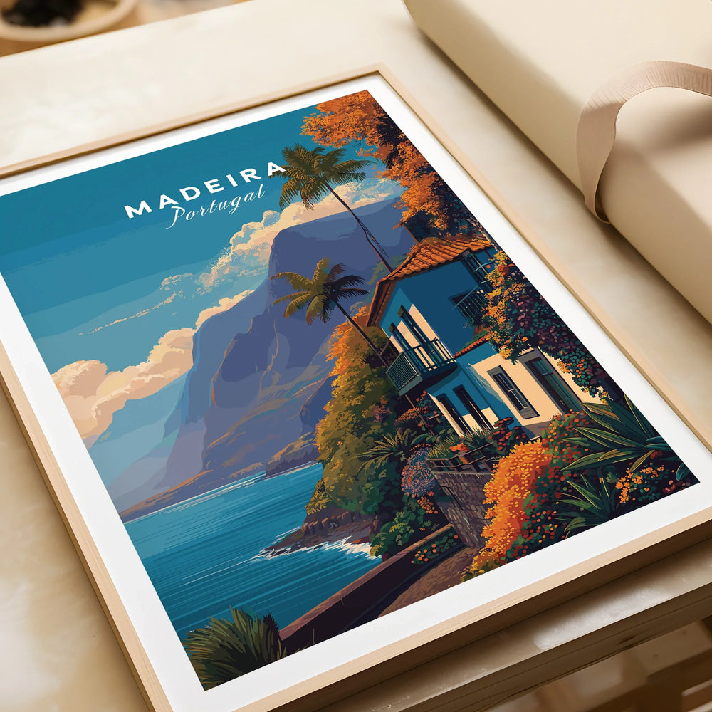 Framed Madeira Portugal travel poster print with coastal house and ocean view, unwrapped gift