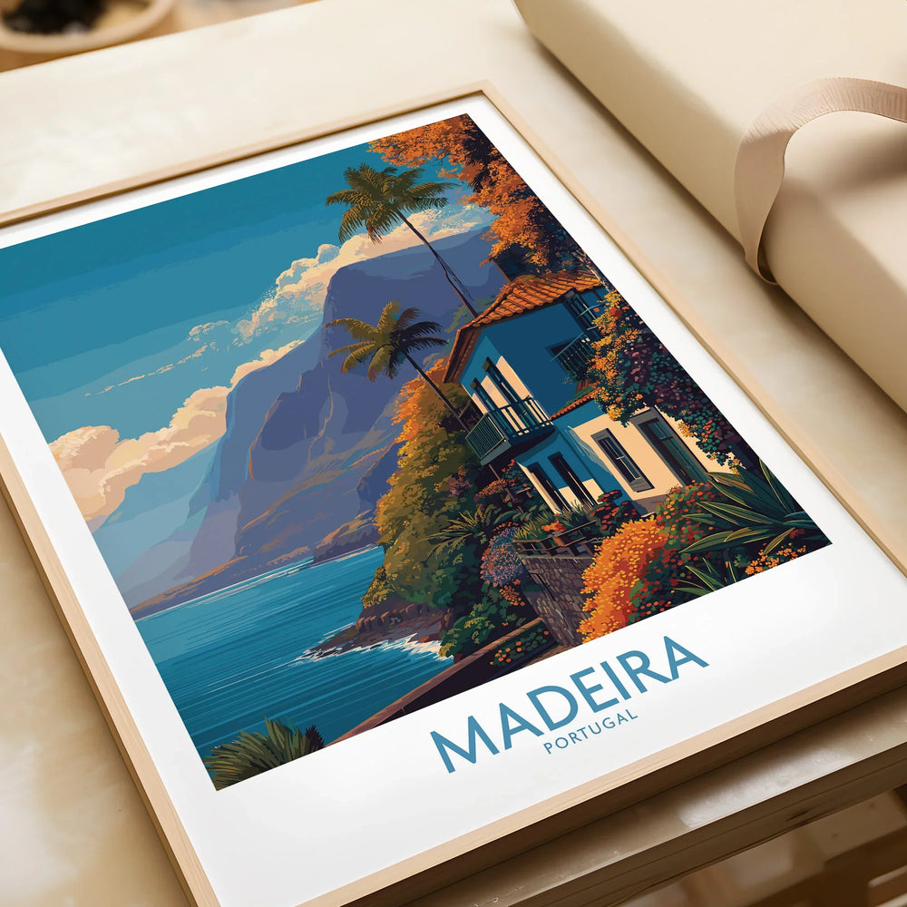 Framed Madeira Portugal travel poster with coastal villa and mountain view, close-up