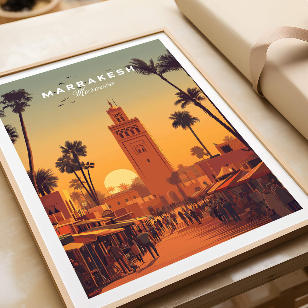 Marrakesh Morocco Wall Art Print | Koutoubia Mosque Travel Posters showcasing sunset over Koutoubia Mosque in vibrant colors.