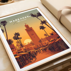 Marrakesh Morocco Wall Art Print | Koutoubia Mosque Travel Posters showcasing sunset over Koutoubia Mosque in vibrant colors.