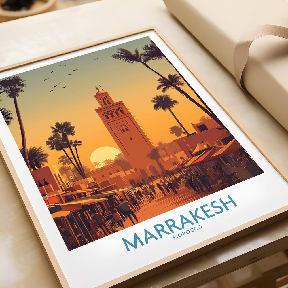 Marrakesh Morocco Posters | Historic Medina Sunset Canvas Print depicting a vibrant sunset over the Medina and palm trees.