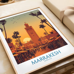 Marrakesh Morocco Posters | Historic Medina Sunset Canvas Print depicting a vibrant sunset over the Medina and palm trees.