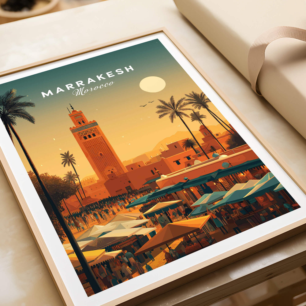 Marrakesh Morocco Wall Art Print | Bustling City Market Travel Posters showcasing vibrant sunset market scene.