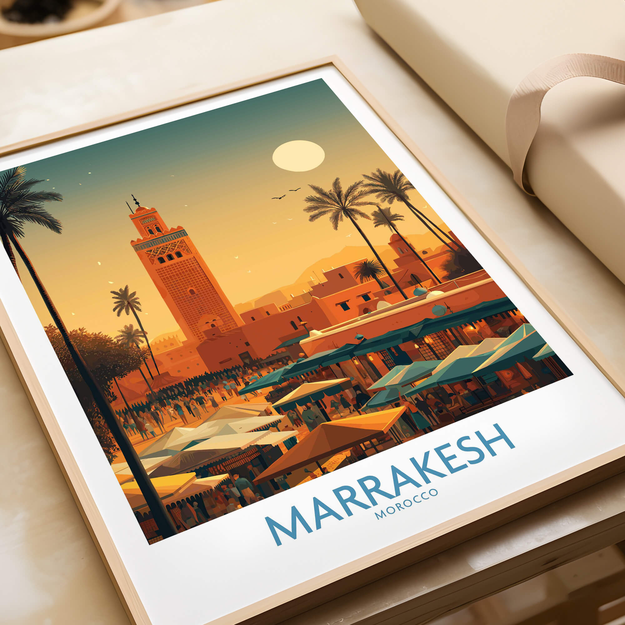 Marrakesh Morocco Poster | Traditional Moroccan Architecture Canvas Print displaying vibrant market scene and historic tower.
