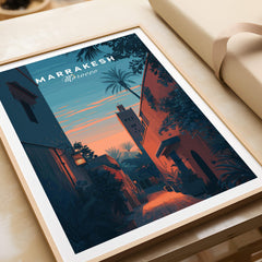 Marrakesh Morocco Travel Poster | Medina Alleyway Twilight Wall Art Print featuring enchanting alleyways at twilight.