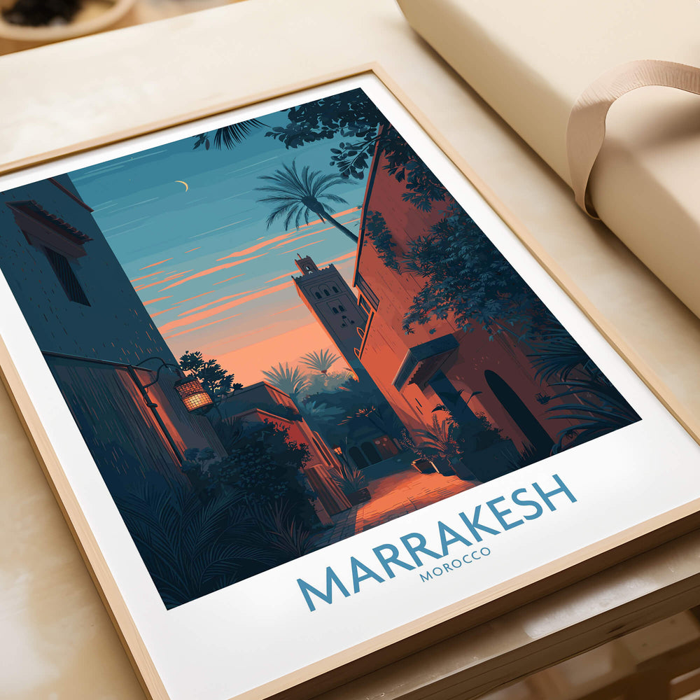 Marrakesh Morocco Canvas Print | Cityscape Poster showcasing a twilight scene of a Moroccan alleyway.