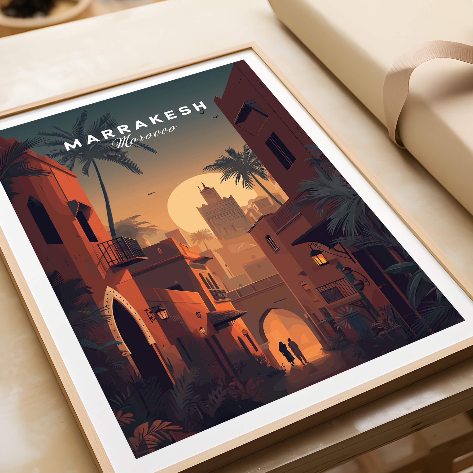 Marrakesh Morocco Wall Art Print | Sunset Medina Alleyway Travel Poster featuring a sunset scene in the medina.