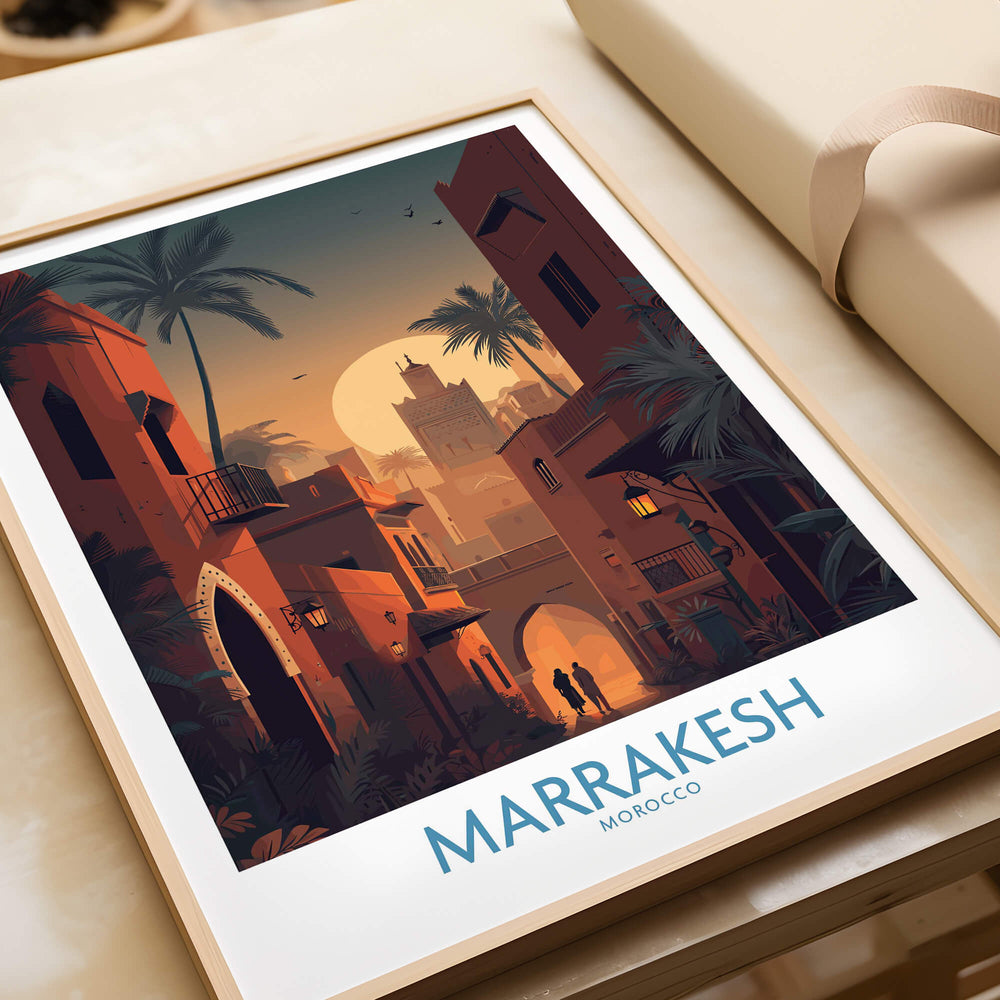 Marrakesh Morocco Poster | Romantic Moroccan Twilight Canvas Print featuring palm trees and sunset skyline.