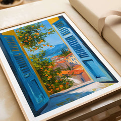 Matisse Open Window Art Print | French Riviera Sea View Poster displayed in a frame with vibrant colors and scenic view.