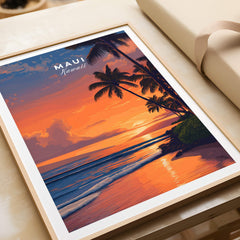 Maui Hawaii Wall Art Print | Tropical Beach Sunset Travel Poster featuring a vibrant sunset over palm trees and ocean waves.