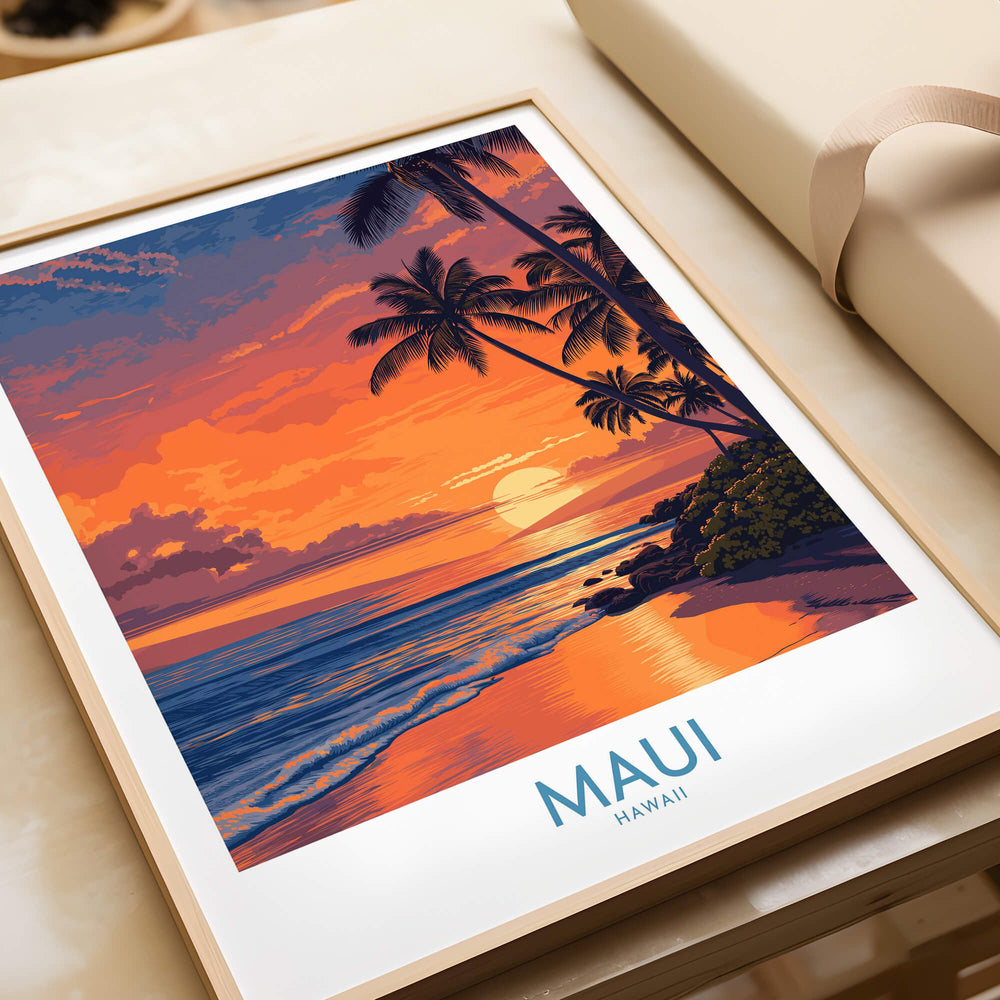 Maui Hawaii Canvas Print | Serene Tropical Beach Landscape Poster displayed in a modern frame with sunset colors.