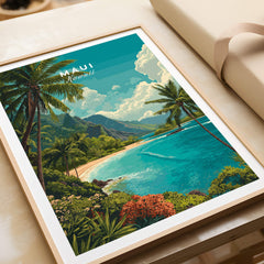 Maui Hawaii Wall Art Print | Lush Tropical Mountain Coast Travel Poster featuring lush greenery and pristine waters.