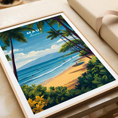 Maui Hawaii Travel Poster | Sunny Surfing Beach Wall Art Print featuring a vibrant beach scene with surfers and lush greenery.