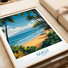 Maui Canvas Print | Hawaii Tropical Palm Trees & Waves Poster featuring vibrant beach and ocean scene.