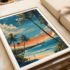 Maui  Wall Art Print | Hawaii Evening Coastal Landscape Travel Poster in a scenic tropical setting.