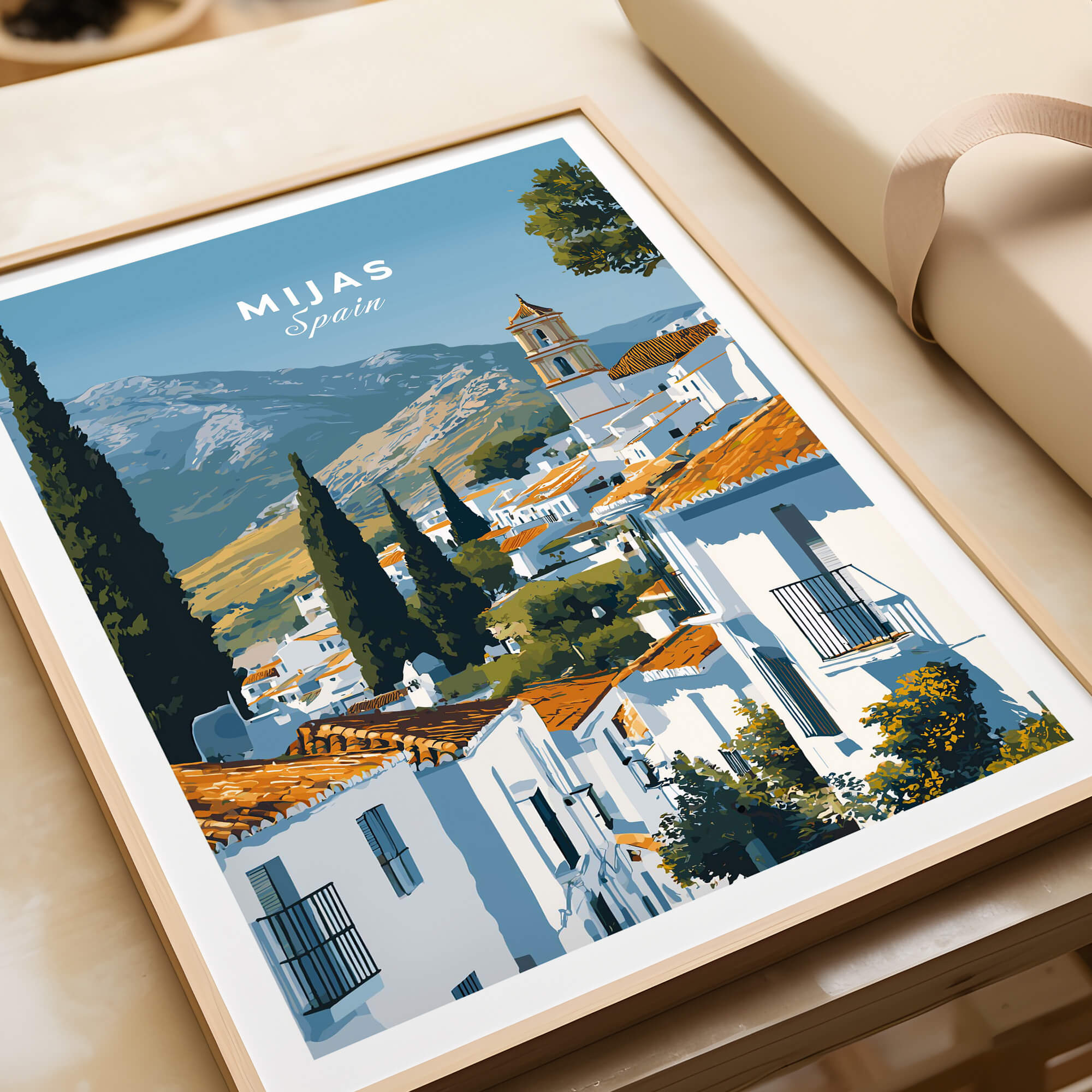 Mijas Spain Wall Art Print | Andalusian White Village Travel Poster showcasing whitewashed buildings and mountains.