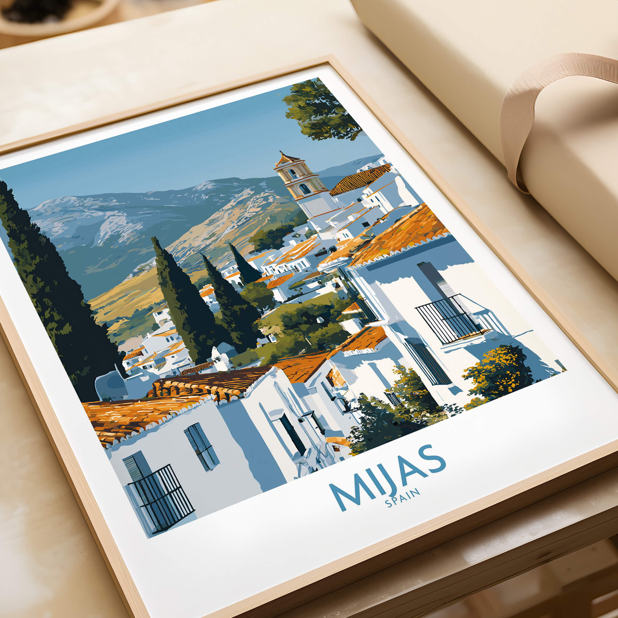 Mijas Spain Poster | Scenic Mountain Town Landscape Canvas Print featuring a picturesque view of Mijas.