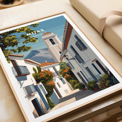 Mijas Spain Travel Poster | Traditional White Street Wall Art Print showcasing charming cobblestone streets and white buildings.