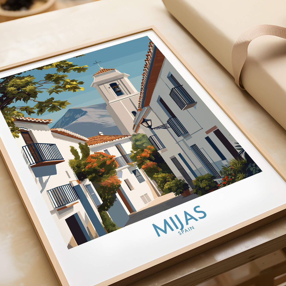 Mijas Spain Canvas Print | Historic Spanish Village Scene Poster showcasing charming whitewashed buildings and lush greenery.