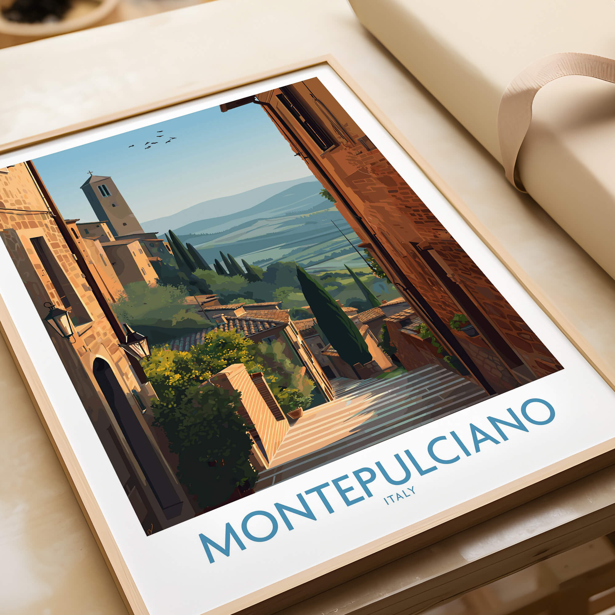 Montepulciano Italy Poster | Tuscany Landscape Vineyard Canvas Print featuring the scenic hills and charming architecture of Tuscany.