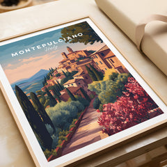 Montepulciano Italy Travel Poster | Tuscan Sunset Wall Art Print showcasing a scenic view of the hilltop town.