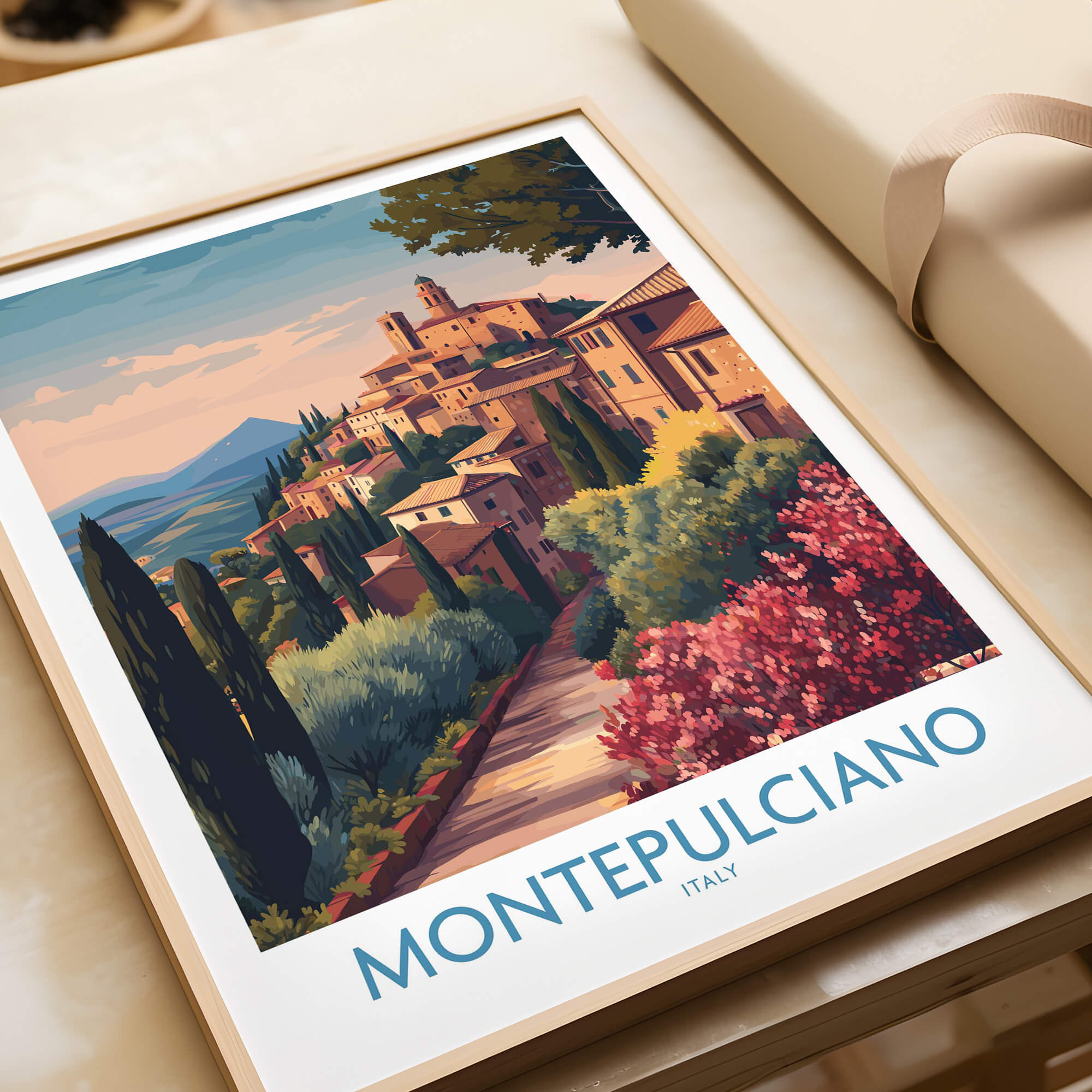 Montepulciano Italy Canvas Print | Italian Sunset Landscape Poster featuring vibrant Tuscan scenery.