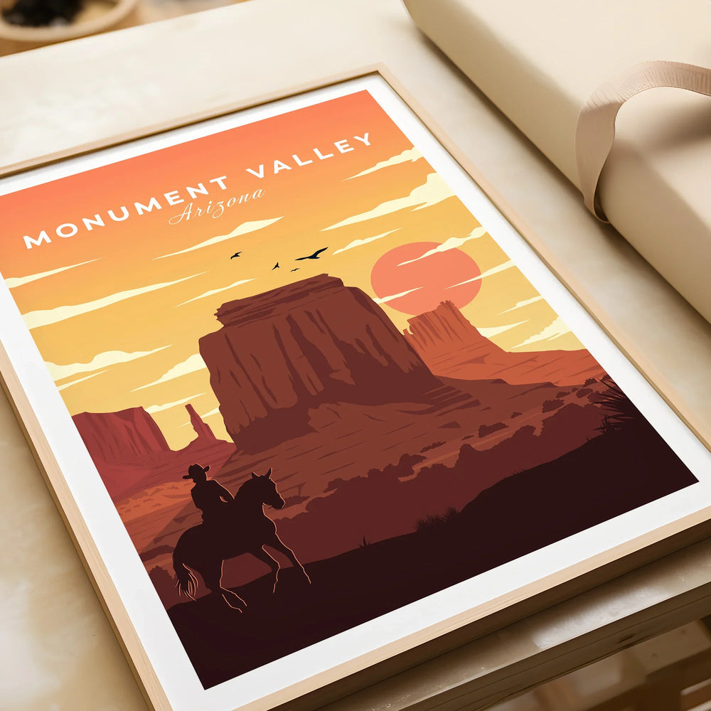 Framed Monument Valley Arizona art print with cowboy silhouette and desert sunset
