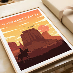 Framed Monument Valley Arizona art print with cowboy silhouette and desert sunset