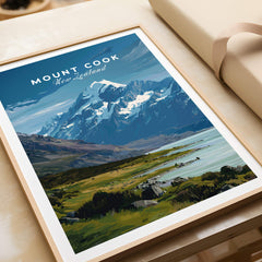 Mount Cook New Zealand Wall Art Print | Aoraki National Park Travel Poster, framed print showcasing majestic mountains.