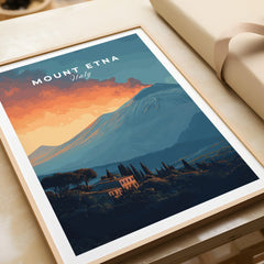 Framed Mount Etna Italy travel poster with vibrant sunset, perfect for home wall art decor