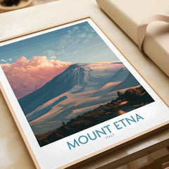 Framed Mount Etna travel poster art print in natural wood frame, unwrapped gift