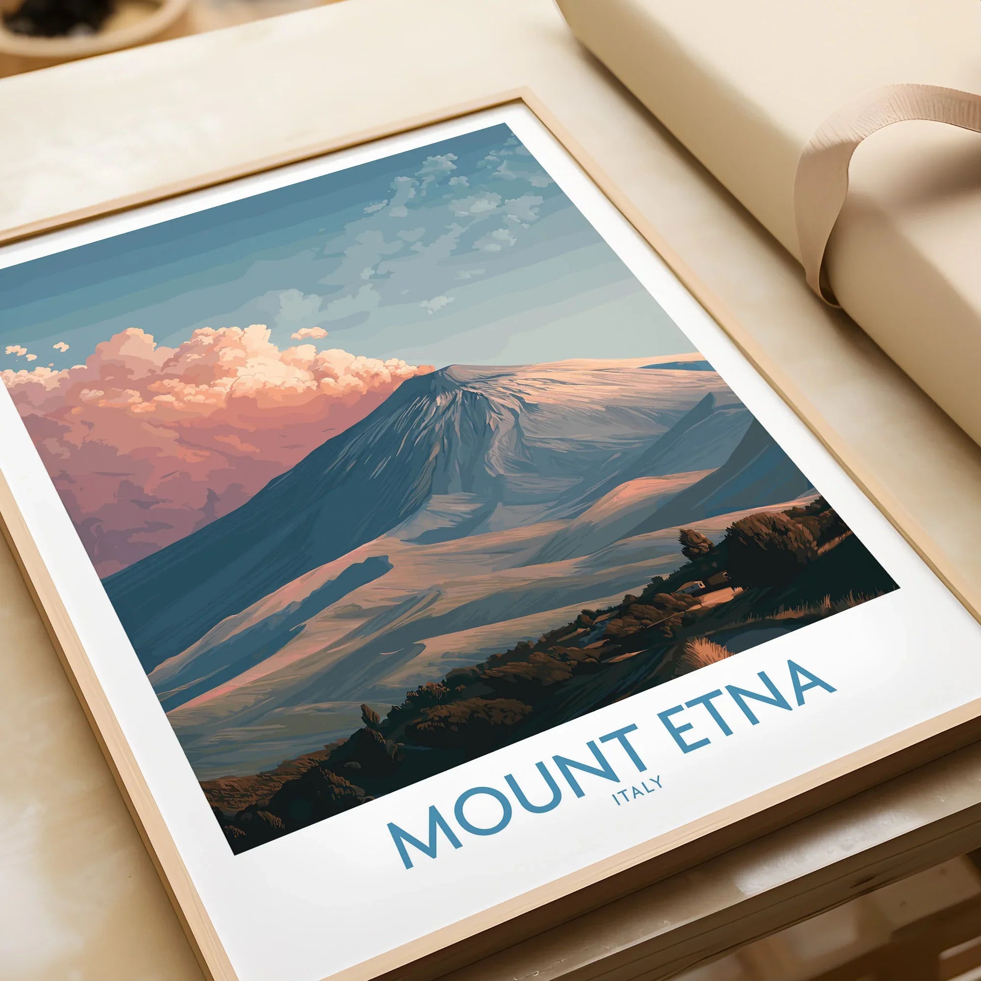 Framed Mount Etna travel poster art print in natural wood frame, unwrapped gift