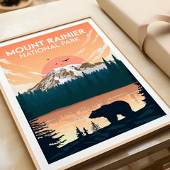 Framed Mount Rainier National Park art print with bear silhouette, sunrise, and forest.