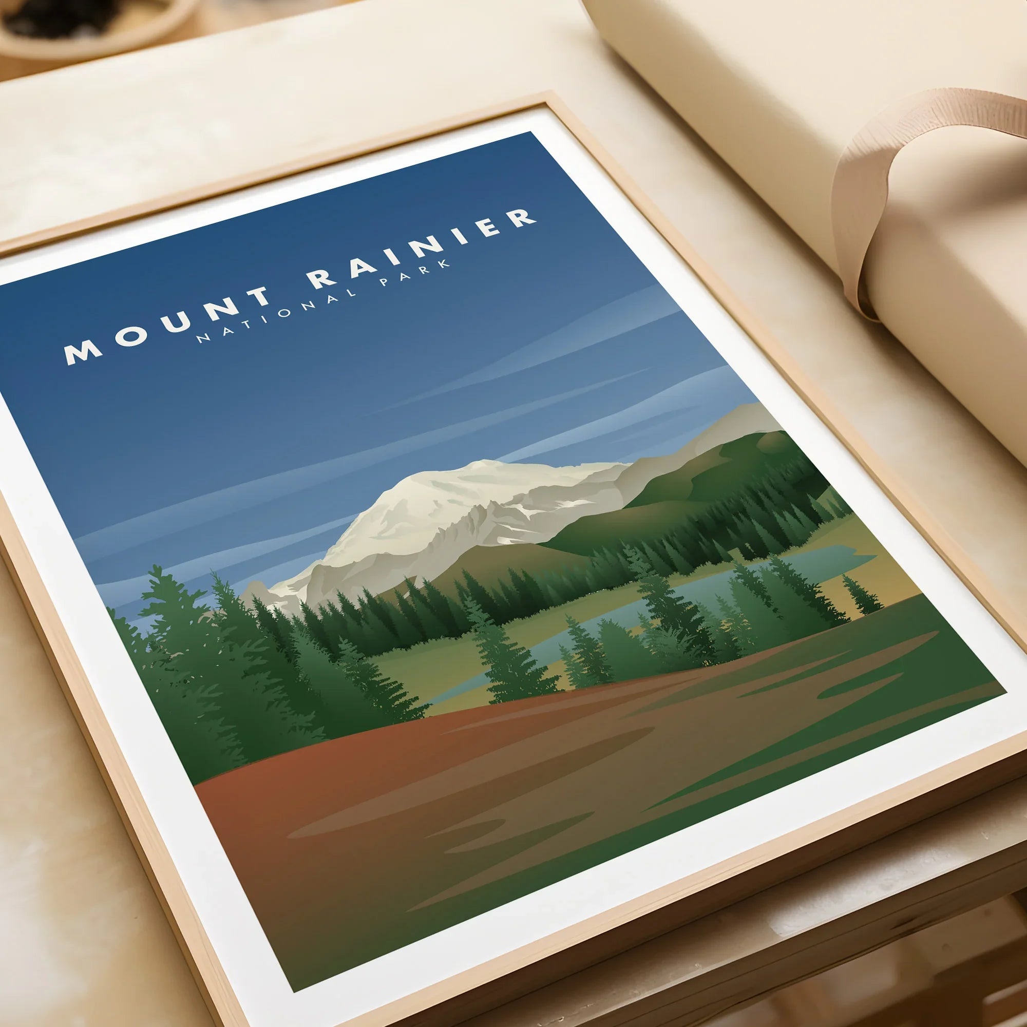 Framed Mount Rainier National Park art print with mountain landscape and pine trees