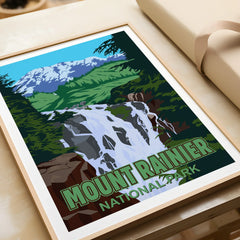 Mount Rainier National Park art print with waterfall and mountain in natural wood frame