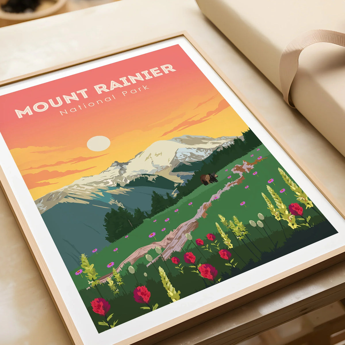 Framed Mount Rainier National Park art print with vibrant wildflowers and a sunset sky