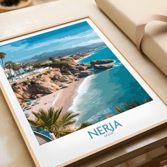 Nerja Spain Poster | Mediterranean Beach Landscape Canvas Print showcasing cliffs and golden sands.