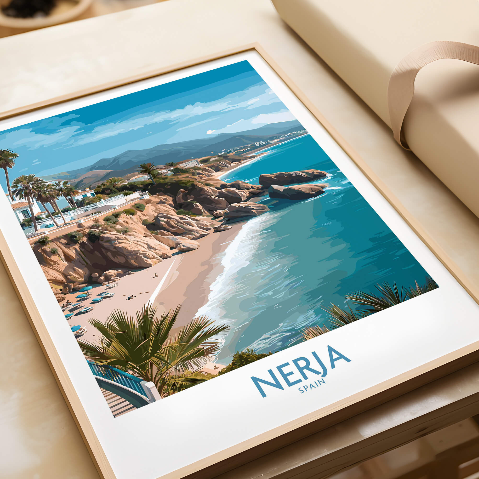 Nerja Spain Poster | Mediterranean Beach Landscape Canvas Print showcasing cliffs and golden sands.