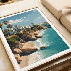 Nerja Spain Wall Art Print | Mediterranean Travel Poster featuring dramatic cliffs and turquoise waters.