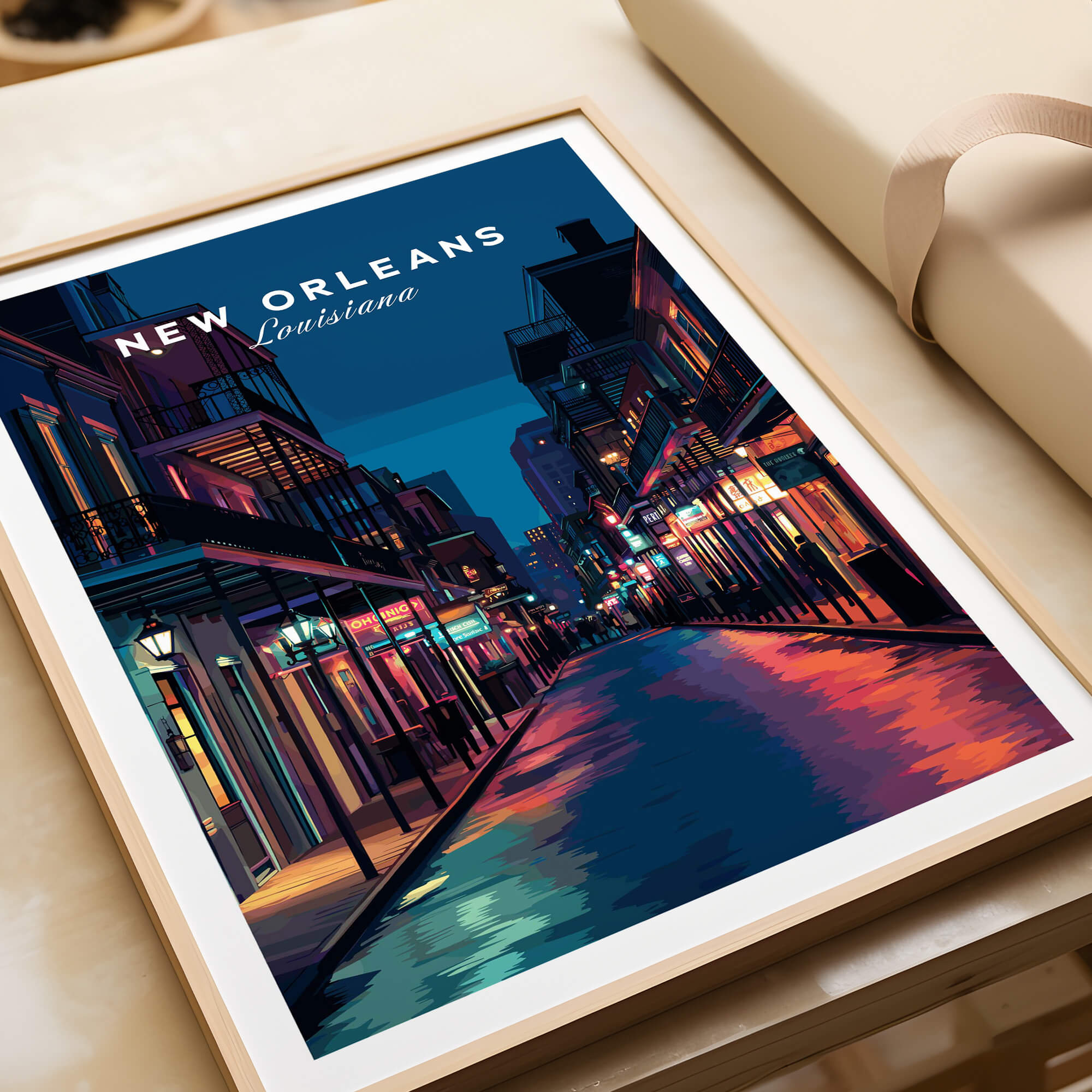 New Orleans Travel Poster | Bourbon Street Night Wall Art Print showcasing the colorful streets at night in Louisiana.