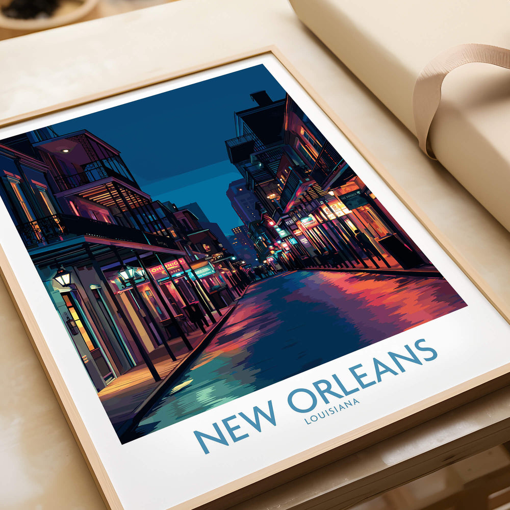 New Orleans Canvas Print | French Quarter Cityscape Poster displayed on a table, showcasing vibrant street scene.