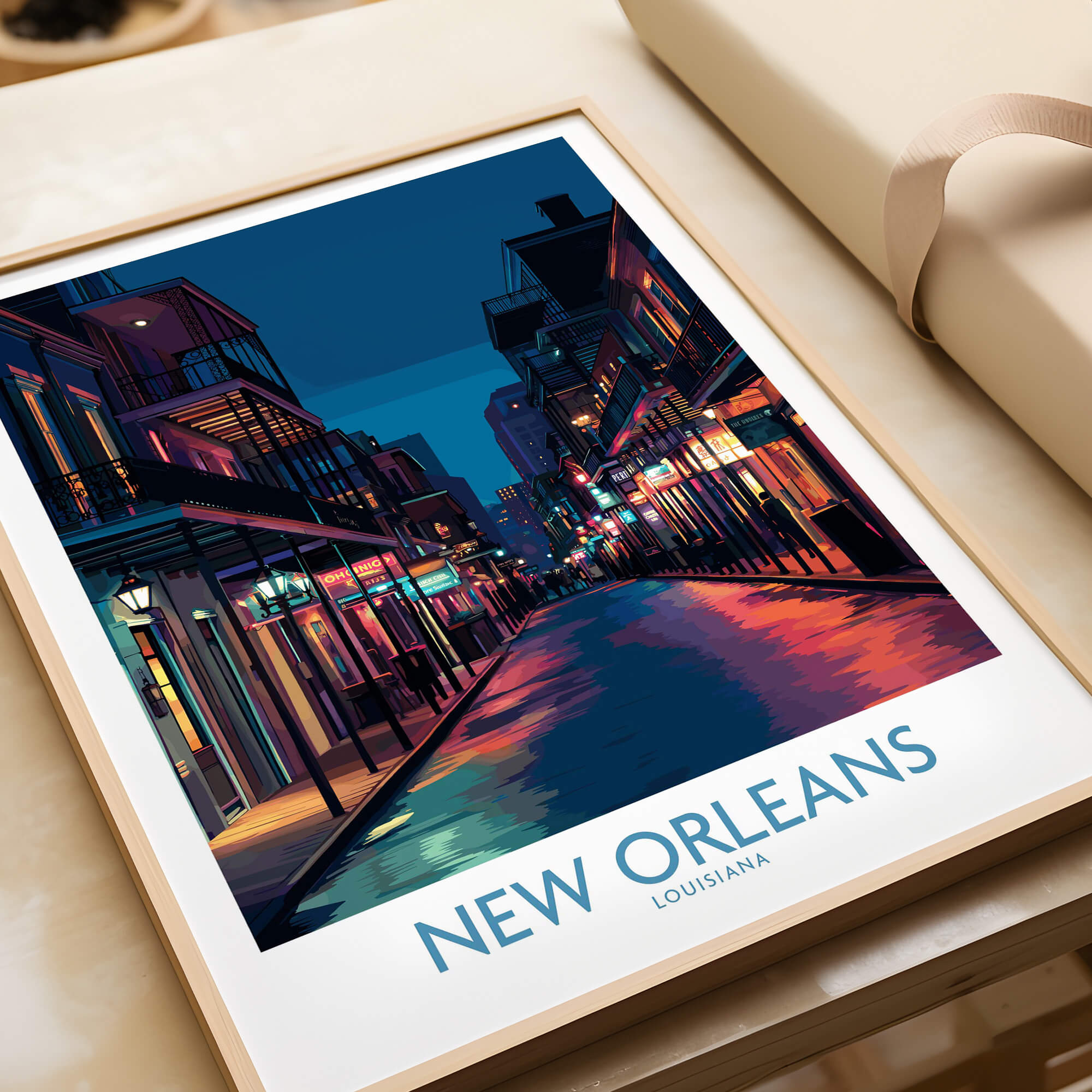 New Orleans Canvas Print | French Quarter Cityscape Poster displayed on a table, showcasing vibrant street scene.