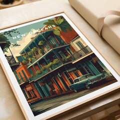 New Orleans Wall Art Print | French Quarter Balcony Travel Poster featuring colorful balconies and vintage car.